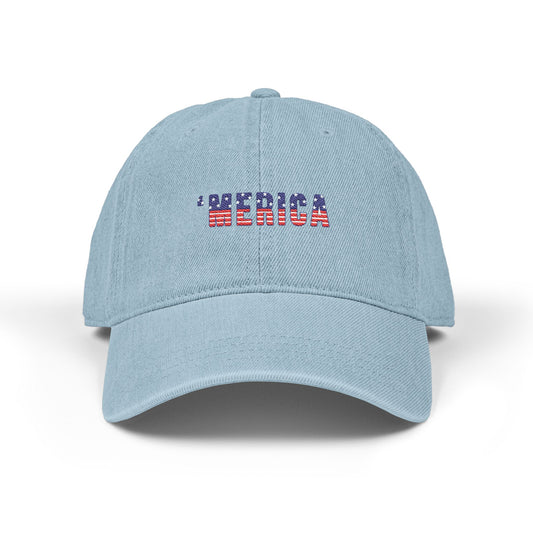 Embroidered 'MERICA Flag Text Denim Hat — Patriotic Adjustable Baseball Cap