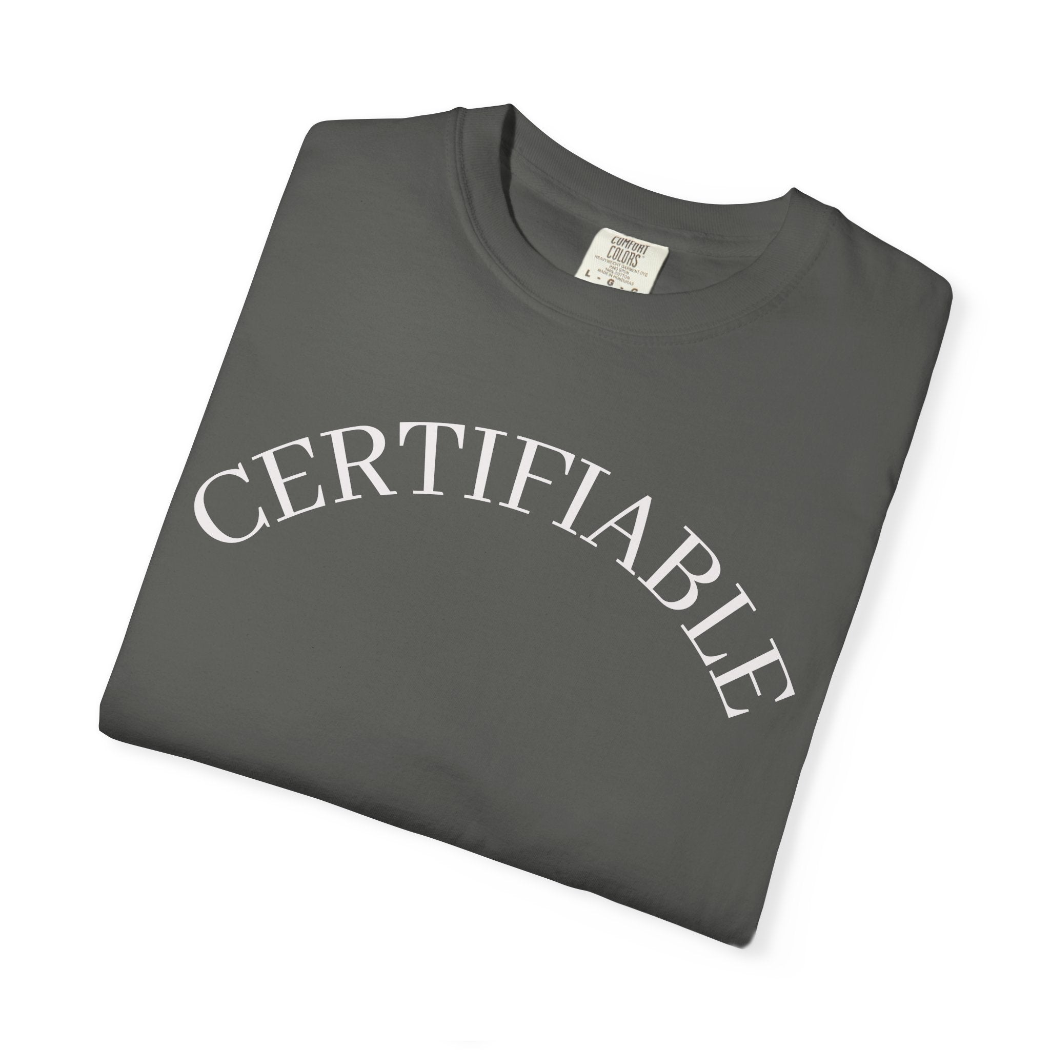 Certifiable Arc T‑Shirt — Minimal Graphic Tee with 'CERTIFIABLE' Text