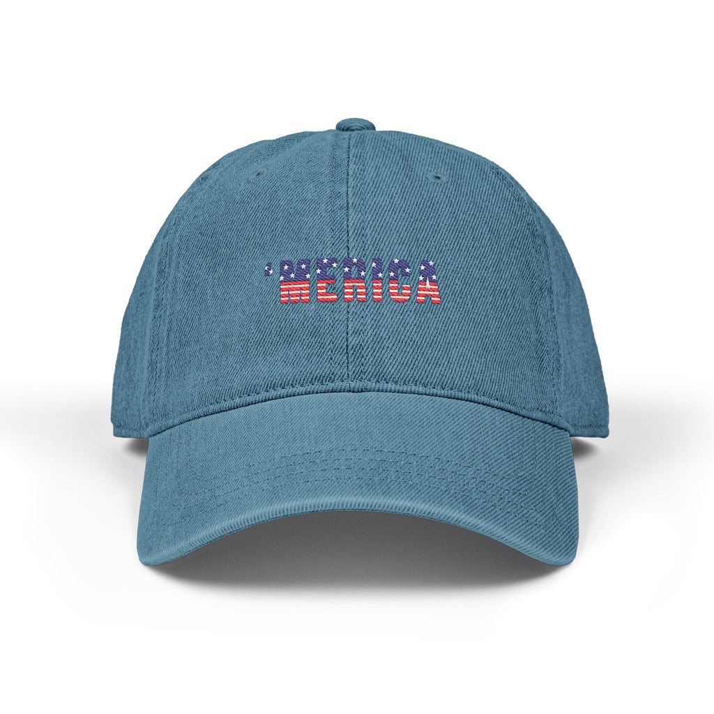 Embroidered 'MERICA Flag Text Denim Hat — Patriotic Adjustable Baseball Cap