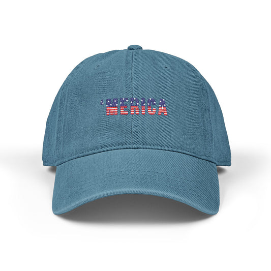 Embroidered 'MERICA Flag Text Denim Hat — Patriotic Adjustable Baseball Cap