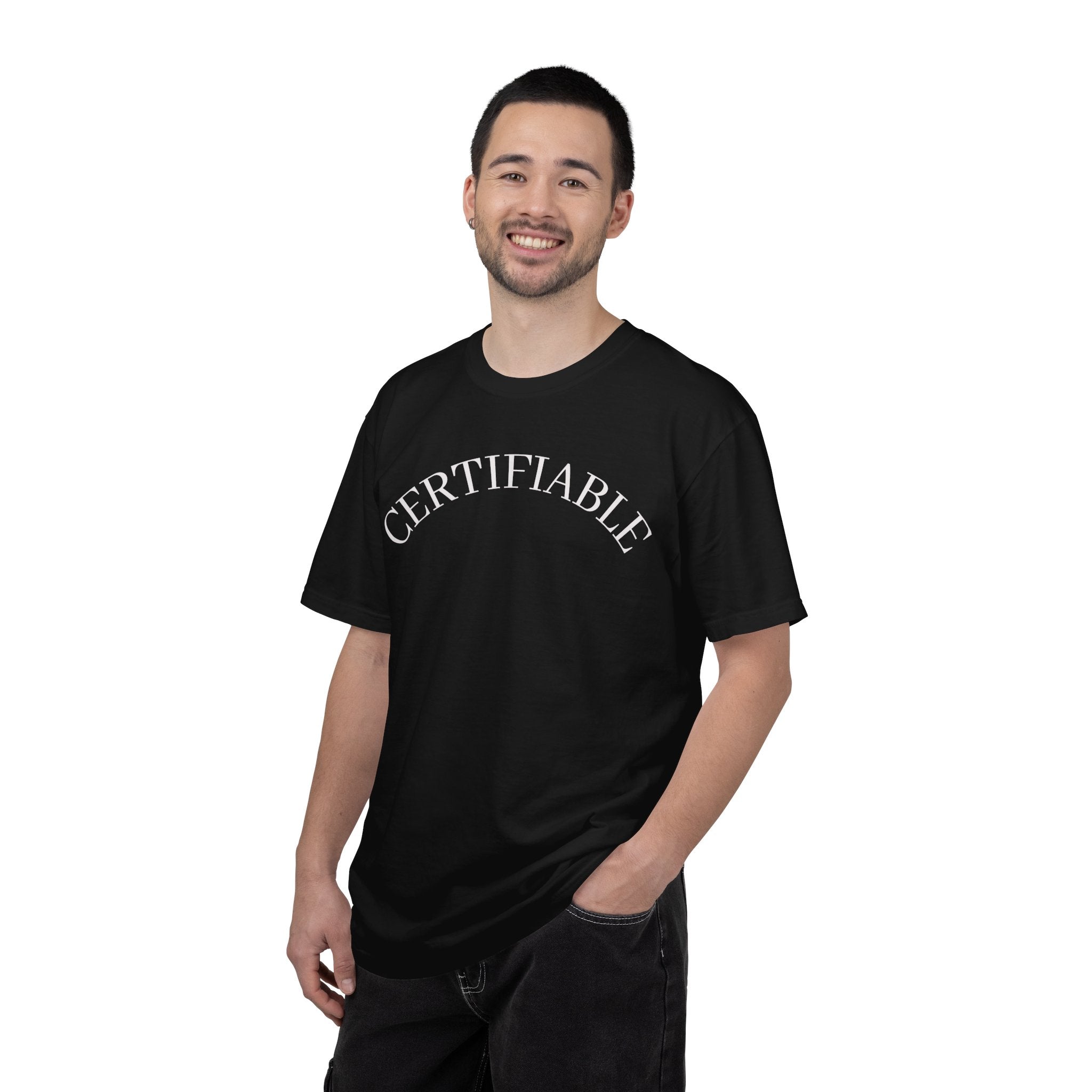 Certifiable Arc T‑Shirt — Minimal Graphic Tee with 'CERTIFIABLE' Text